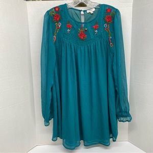 Umgee Knee Length Dress Green w/Rustic Flower Embroidery Long Sleeve Size S Boho